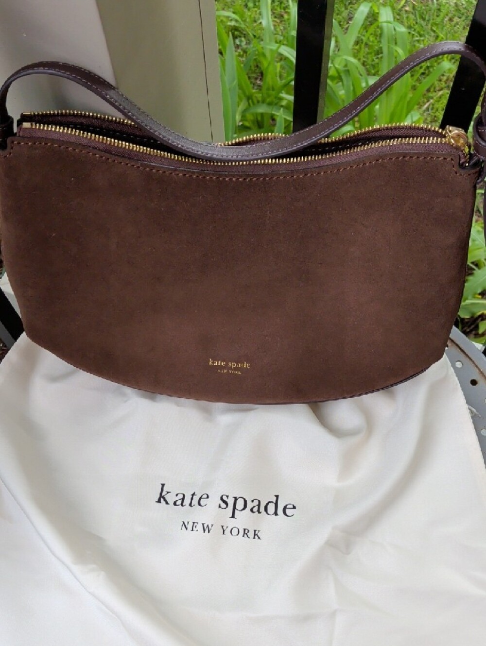 kate spade dark brown suede shoulder bag with gold zipper - Picture 8 of 11